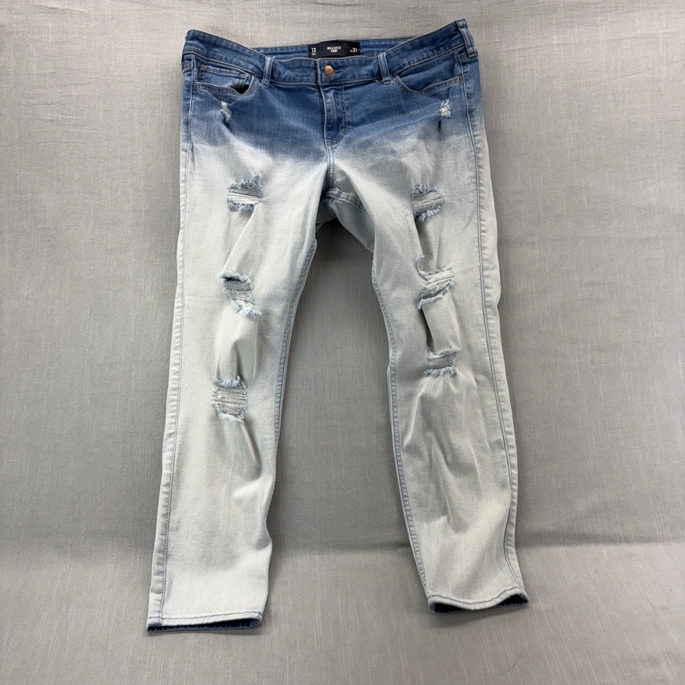 Hollister Crop Distressed Ombre Dip Dye Jeans Blue White Size 13 W31 Stretch